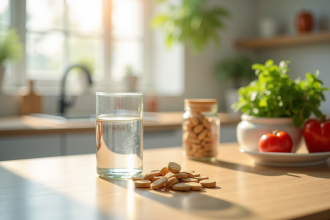 Table de cuisine lumineuse avec levure de bière et légumes frais