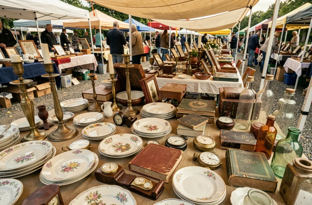 Table de brocante couverte d'objets anciens variés : vaisselle en porcelaine, bougeoirs en laiton, montres vintage et vieux livres