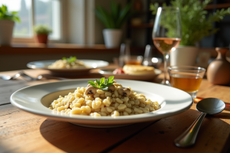 Table rustique avec risotto aux girolles crémeux et herbes
