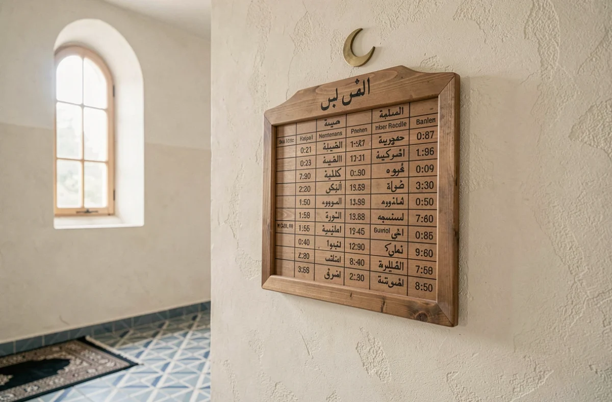 Tableau des horaires de prière en arabe et français affiché dans une salle de prière de mosquée à Roubaix