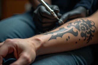 Zoom sur un bras en tatouage lors d'une séance