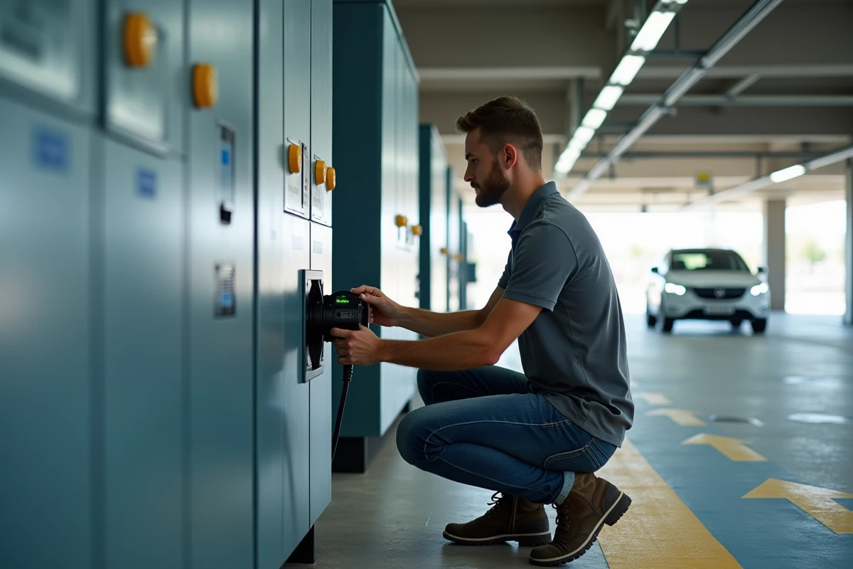 Technicien inspectant une borne de recharge électrique en garage