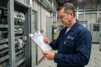 Technicien industriel consultant un planning semaine paire impaire 2026 devant un tableau électrique