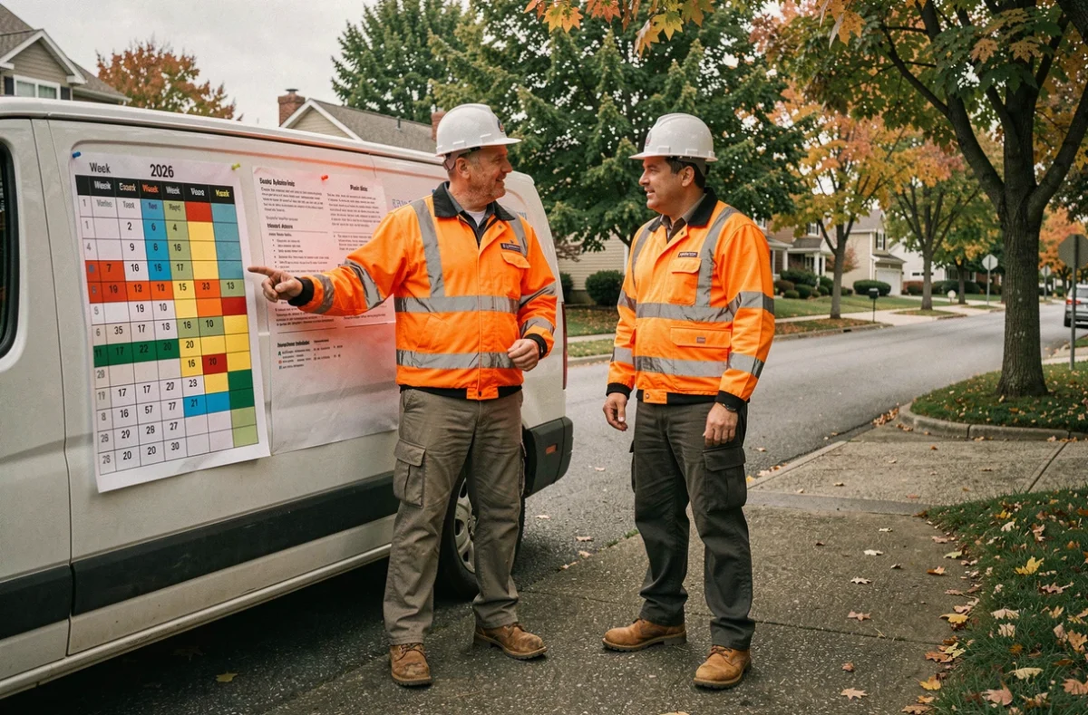 Deux techniciens terrain consultant un planning 2026 semaine paire impaire affiché sur un van de service