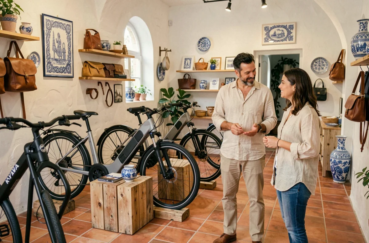 Boutique To Kyma Paris avec décor méditerranéen et vélos électriques artisanaux exposés