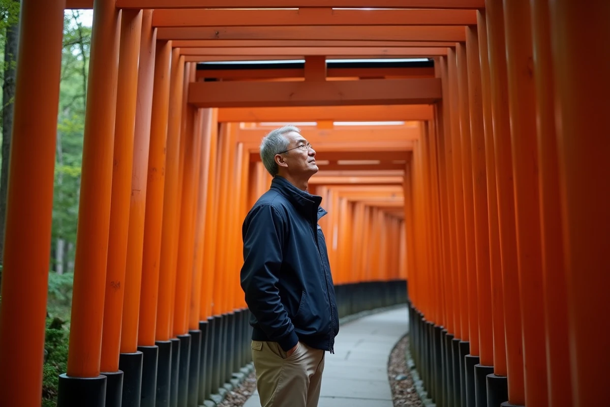 Tunnel de torii vermillon du sanctuaire Fushimi Inari au Japon avec homme en contemplation, symbole des villes japonaises en 5 lettres