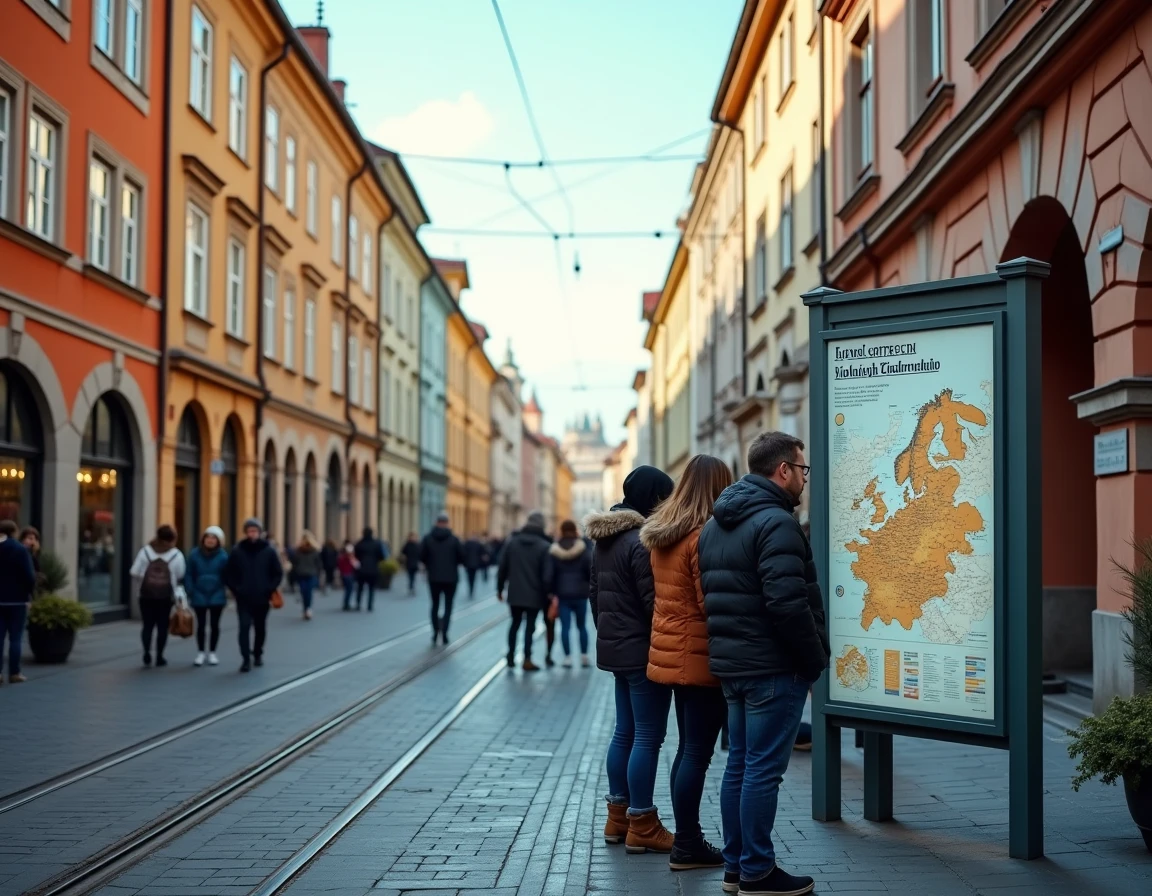 Touristes devant un panneau cartographique de la Tchéquie dans le centre historique de Brno