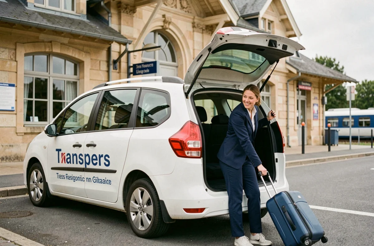 Minivan Transpers garé devant une gare française avec chauffeuse chargeant des bagages