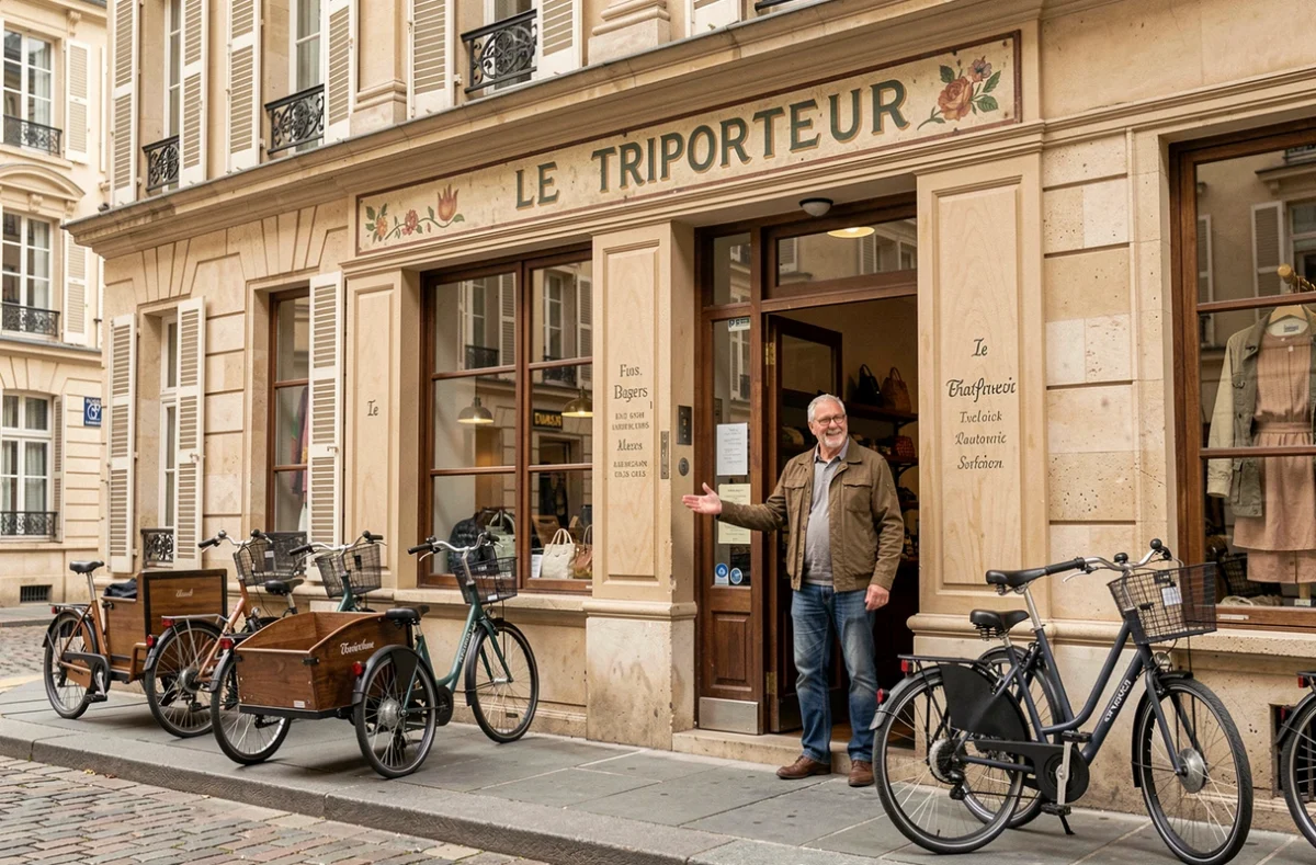 Devanture du Triporteur à Versailles avec vélos électriques et cargo exposés sur le trottoir