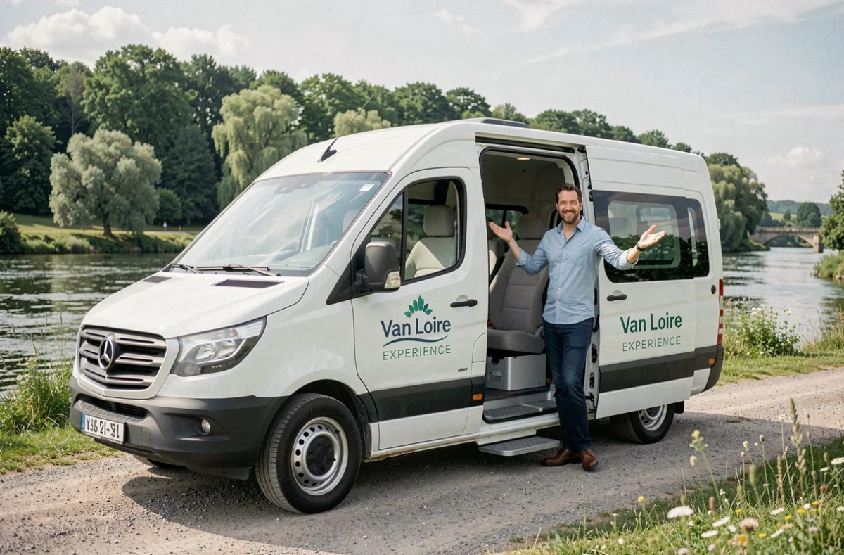 Van Loire Experience garé au bord de la Loire avec chauffeur accueillant les passagers
