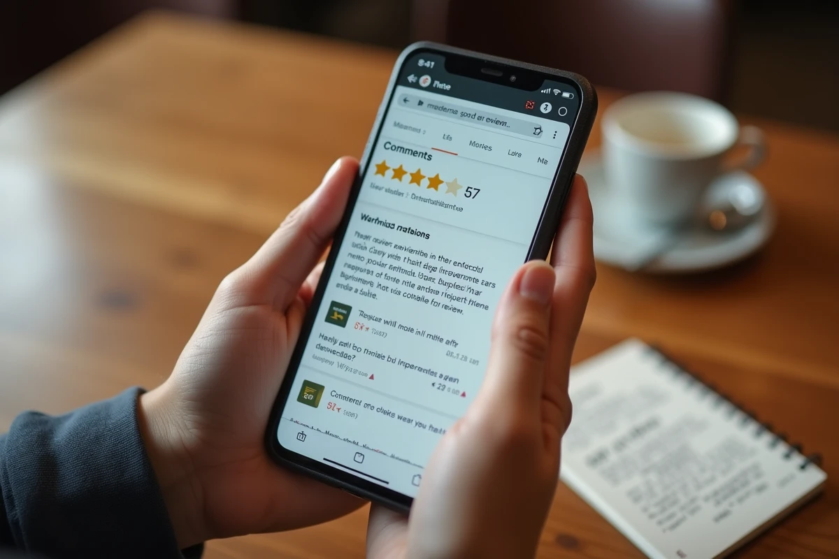 Gros plan sur un smartphone affichant des avis en ligne et des alertes arnaque pour vérifier la réputation d'un site e-commerce
