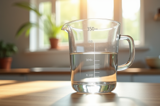 Verre mesureur avec 350 ml d'eau sur plan de cuisine lumineux
