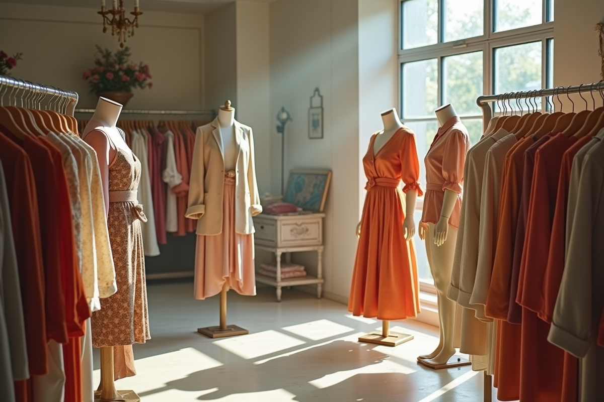 Vêtements vintage et modernes dans une boutique lumineuse