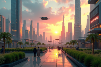 Ciel de ville futuriste au coucher de soleil avec gratte-ciel verts et voitures volantes