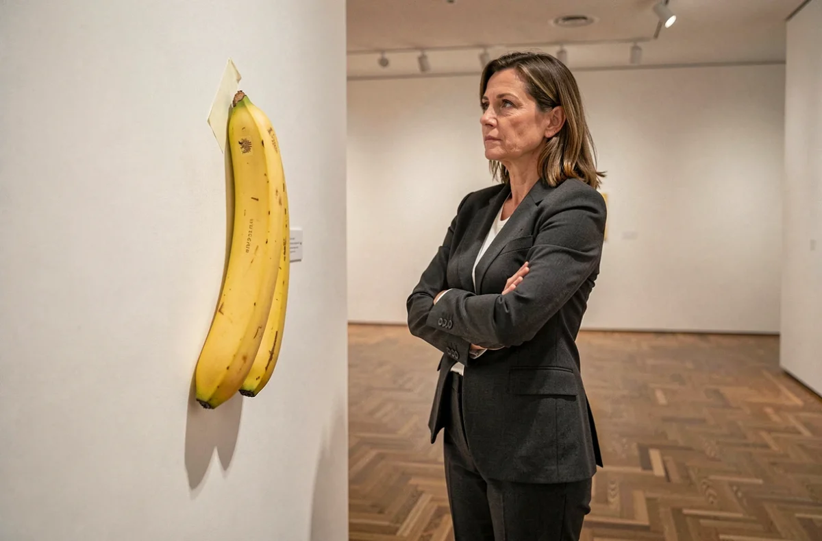 Une femme observant une banane accrochée au mur d'une galerie d'art contemporain, réfléchissant à la valeur et au sens de l'art conceptuel