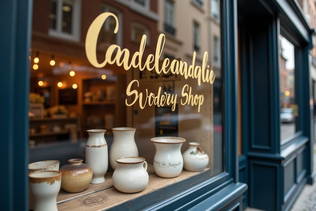 Vitrine d'une boutique artisanale de la Rue d'Angleterre à Lille avec lettrage doré et objets locaux en devanture
