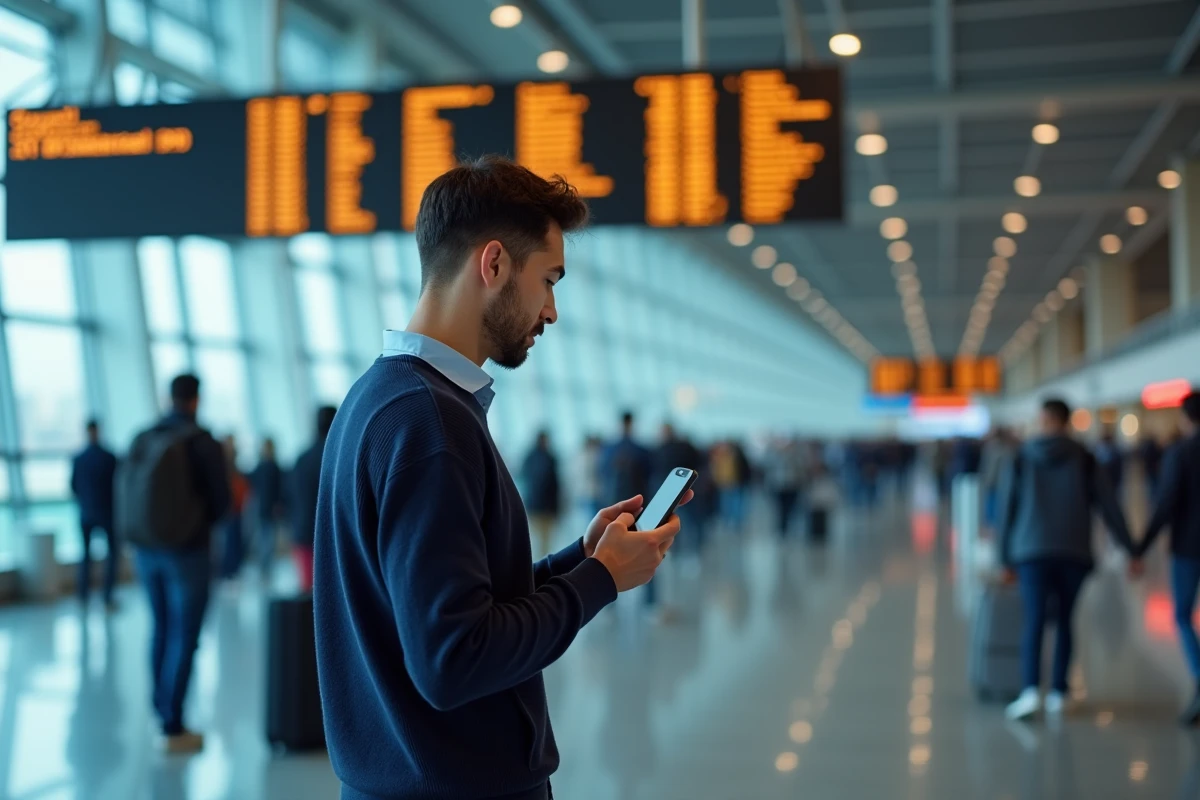 Homme francophone utilisant une application d'anglais sur son téléphone dans un aéroport international pour naviguer les panneaux en anglais