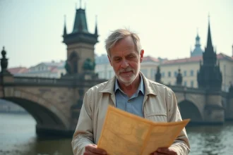 Voyageur consultant une carte devant le Pont Charles à Prague, Tchéquie