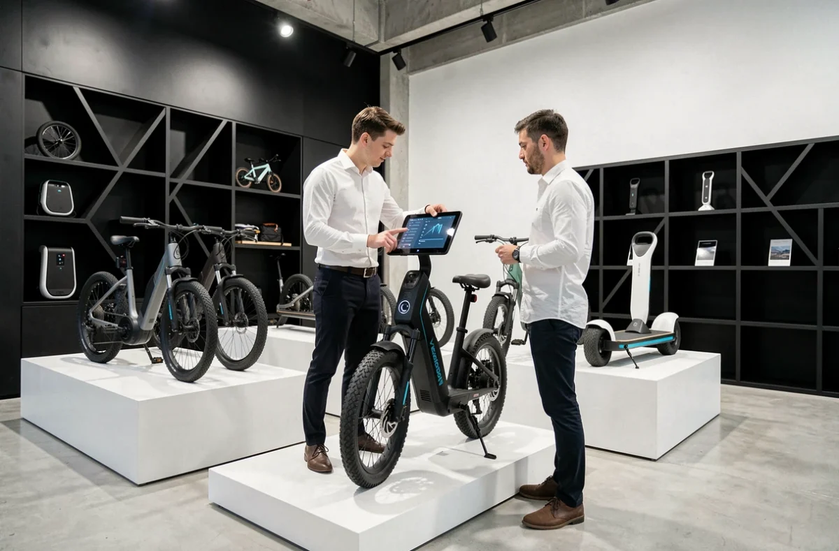Showroom Wegoboard avec vélos électriques sur podiums minimalistes et vendeur conseillant un client