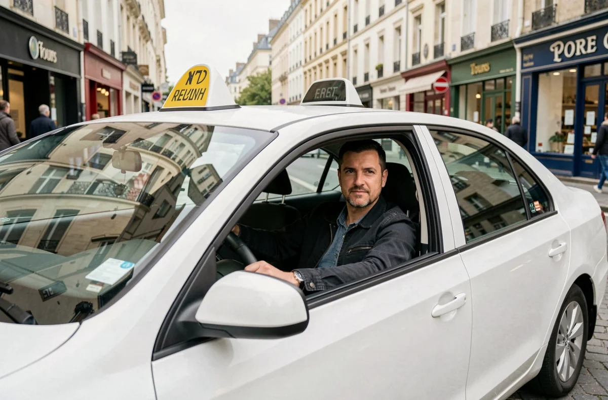 Julien, chauffeur de taxi You Call You Go, dans son taxi blanc dans le centre de Tours